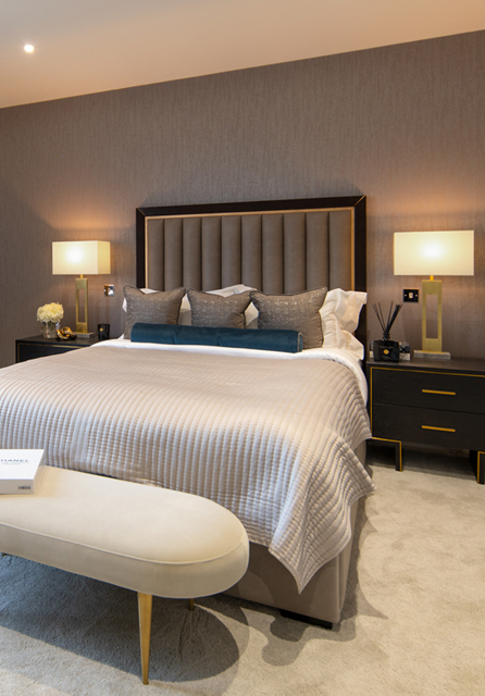 Luxury bedroom interior design for Northwood Residential Development project, designed by London luxury interiors firm: Moderno Interiors. Image links to Residential Development Portfolio Project: Northwood Development.